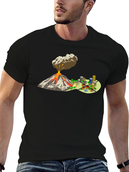 Camiseta Negra con Diseño de Volcán y Ciudad