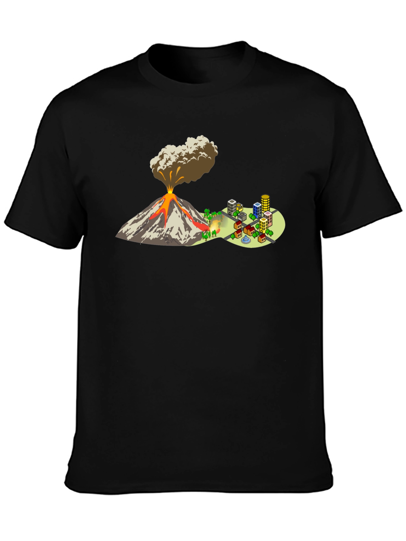 Camiseta Negra con Diseño de Volcán y Ciudad