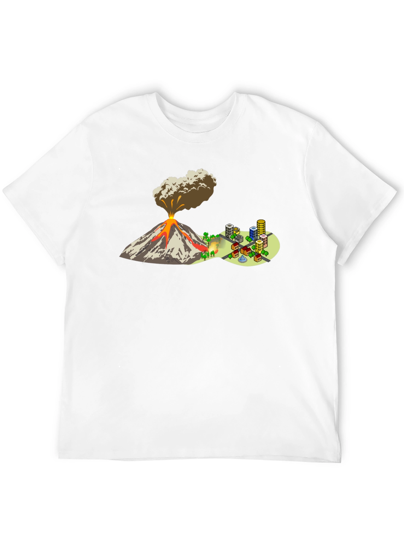 Camiseta Negra con Diseño de Volcán y Ciudad