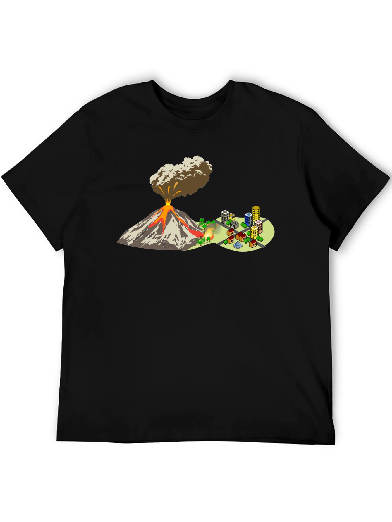 Camiseta Negra con Diseño de Volcán y Ciudad