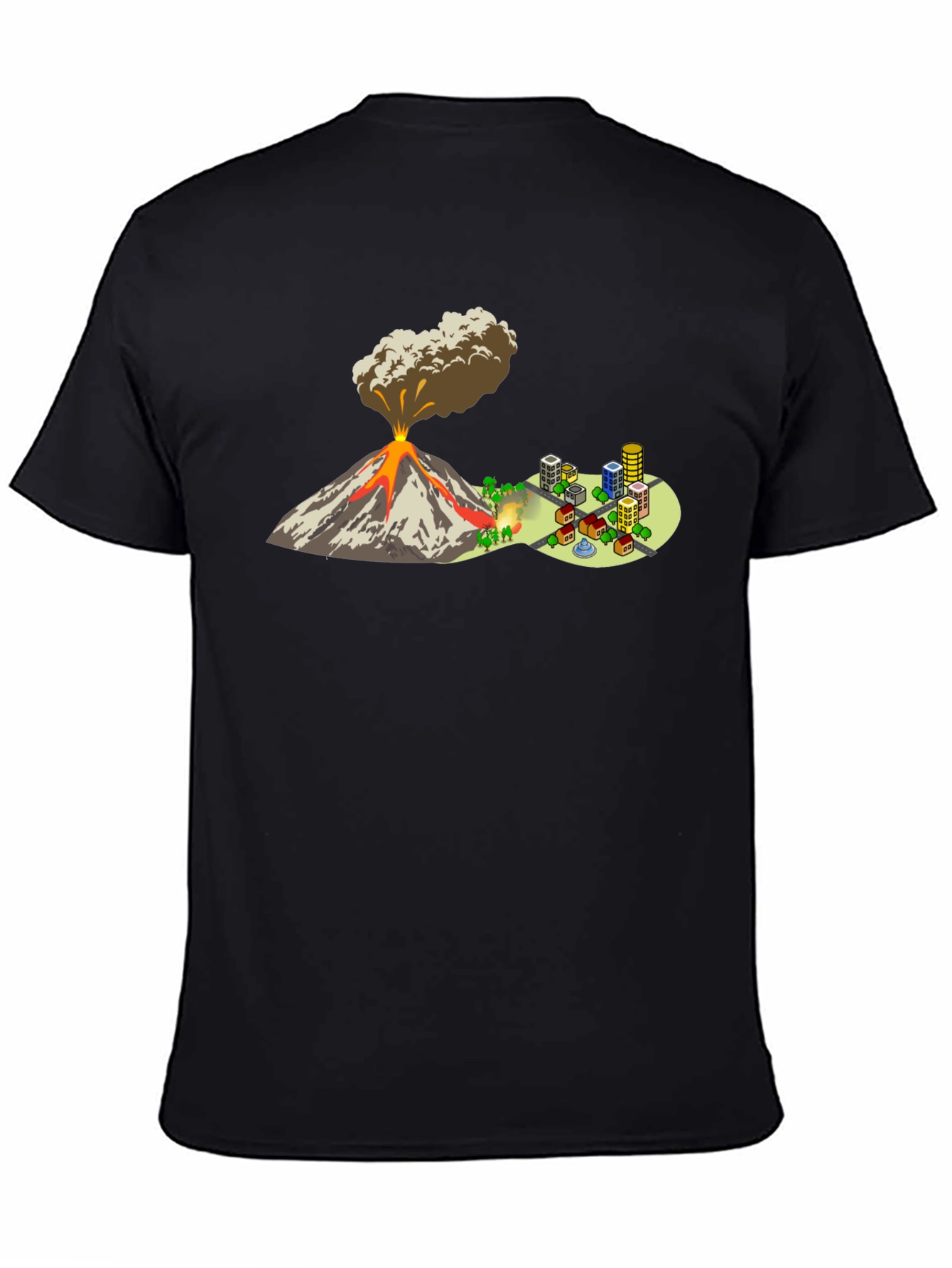 Camiseta Negra con Diseño de Volcán y Ciudad