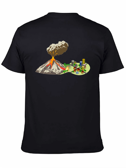 Camiseta Negra con Diseño de Volcán y Ciudad