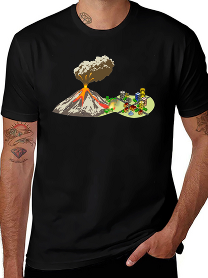 Camiseta Negra con Diseño de Volcán y Ciudad