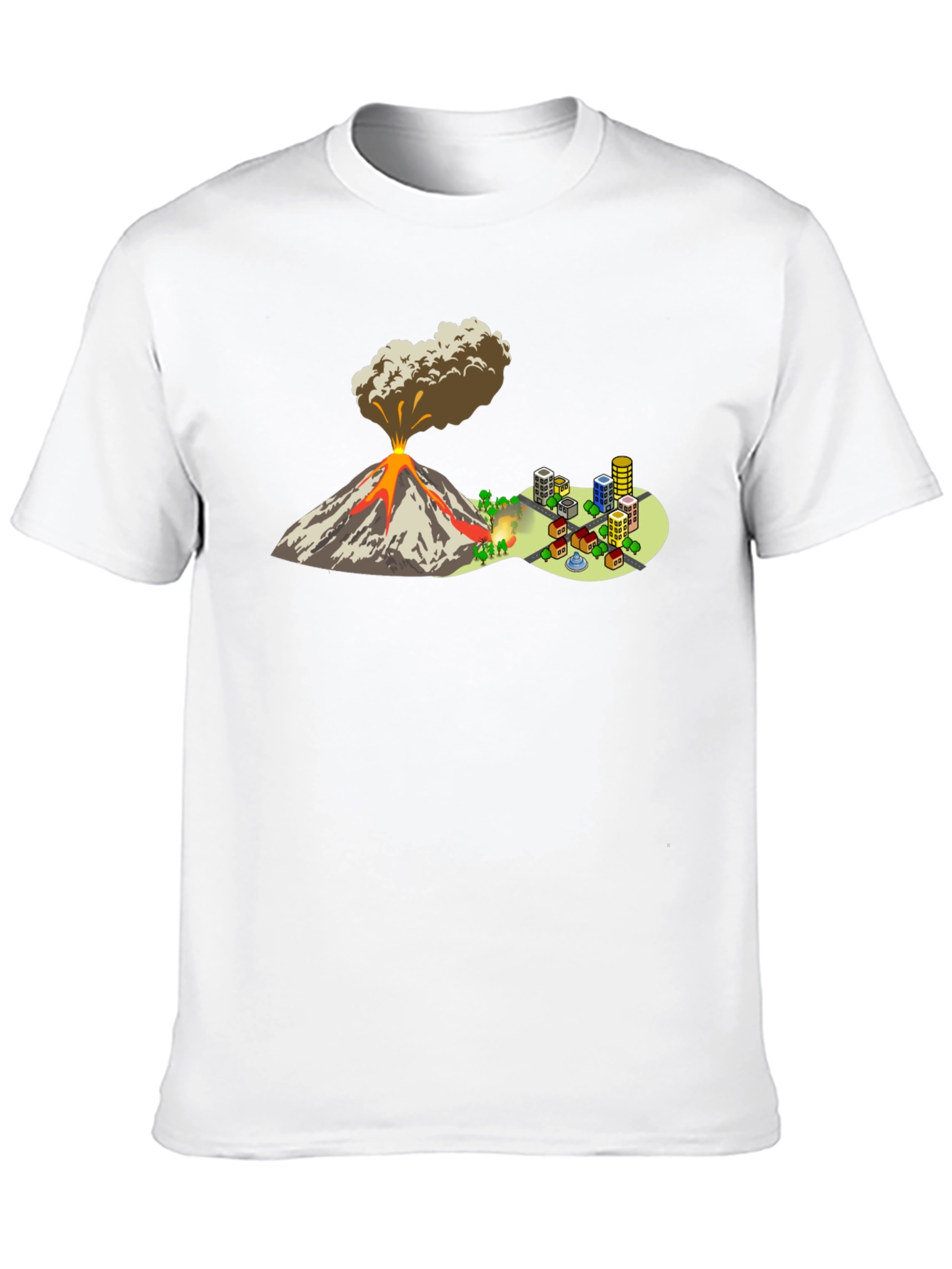 Camiseta Negra con Diseño de Volcán y Ciudad