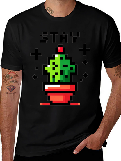 Camiseta Negra con Diseño de Cactus Pixelado Stay