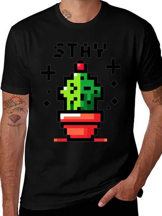 Camiseta Negra con Diseño de Cactus Pixelado Stay