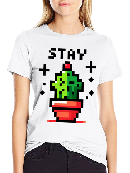 Camiseta Negra con Diseño de Cactus Pixelado Stay