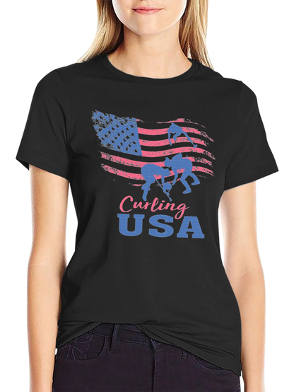 Camiseta Negra Curling USA con Bandera Americana