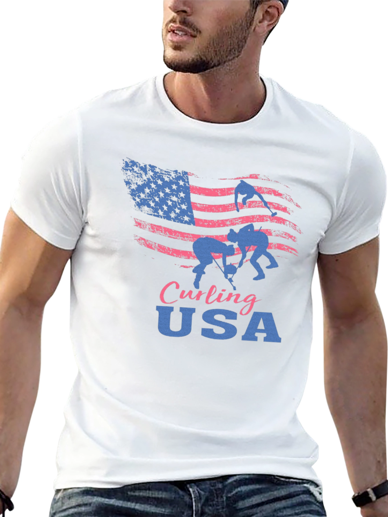 Camiseta Negra Curling USA con Bandera Americana