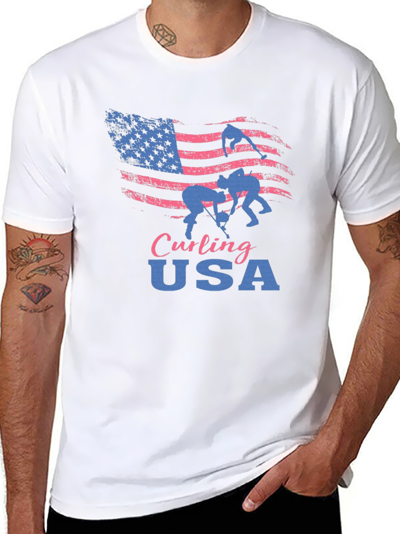 Camiseta Negra Curling USA con Bandera Americana