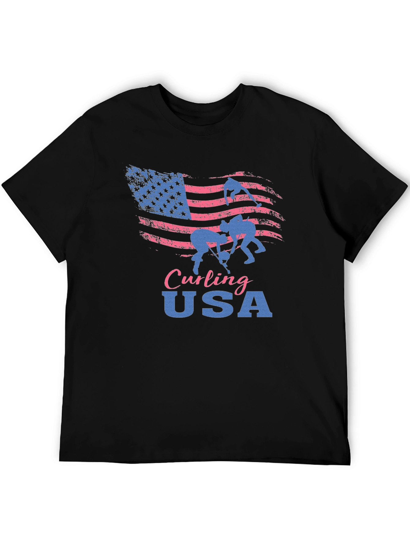Camiseta Negra Curling USA con Bandera Americana