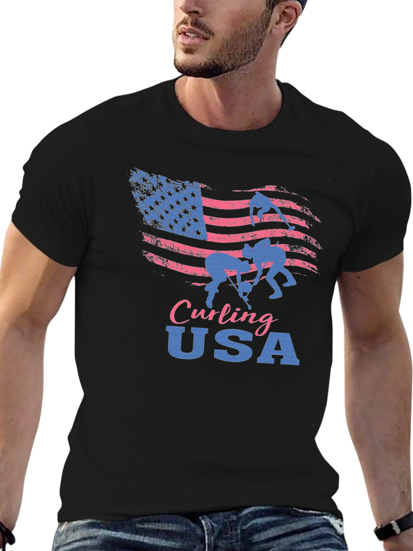 Camiseta Negra Curling USA con Bandera Americana