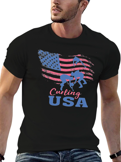 Camiseta Negra Curling USA con Bandera Americana