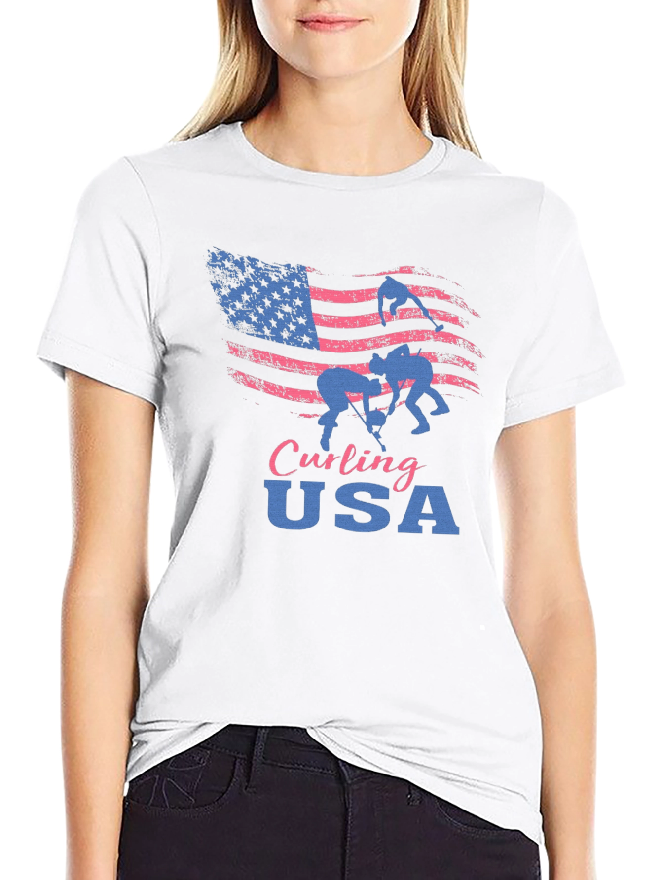 Camiseta Negra Curling USA con Bandera Americana