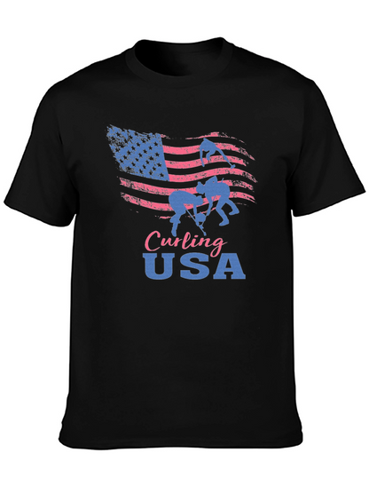 Camiseta Negra Curling USA con Bandera Americana