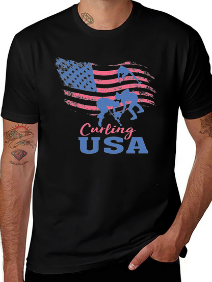 Camiseta Negra Curling USA con Bandera Americana