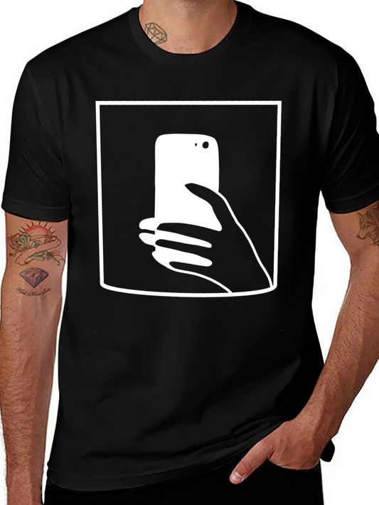 Camiseta Negra con Diseño de Smartphone y Mano