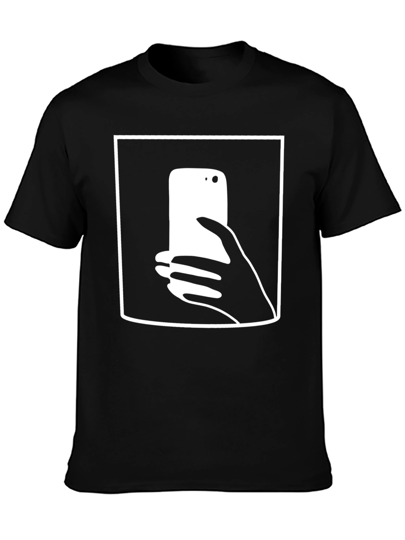 Camiseta Negra con Diseño de Smartphone y Mano