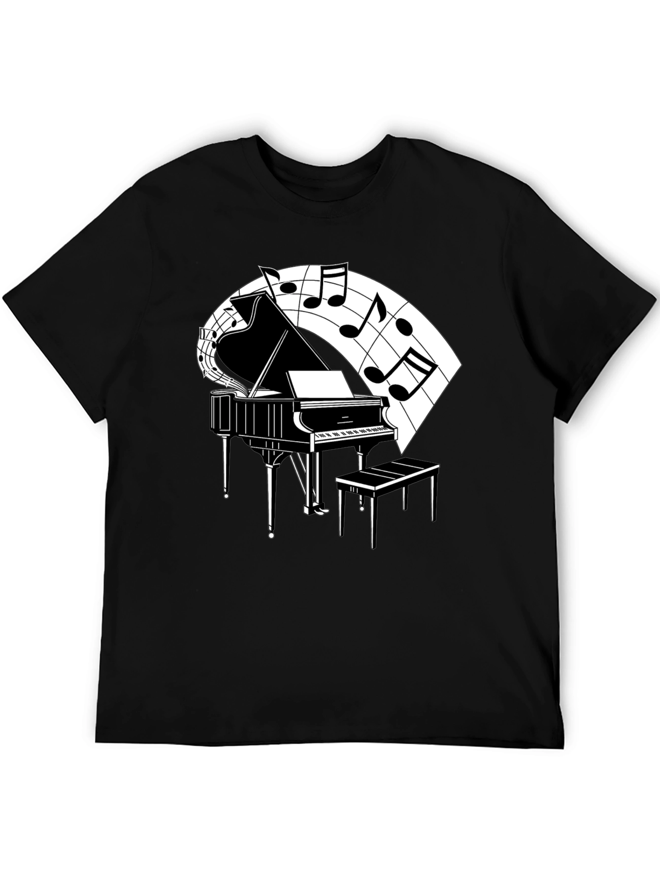 Camiseta Negra con Diseño de Piano y Notas Musicales