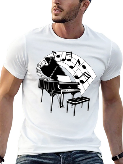 Camiseta Negra con Diseño de Piano y Notas Musicales