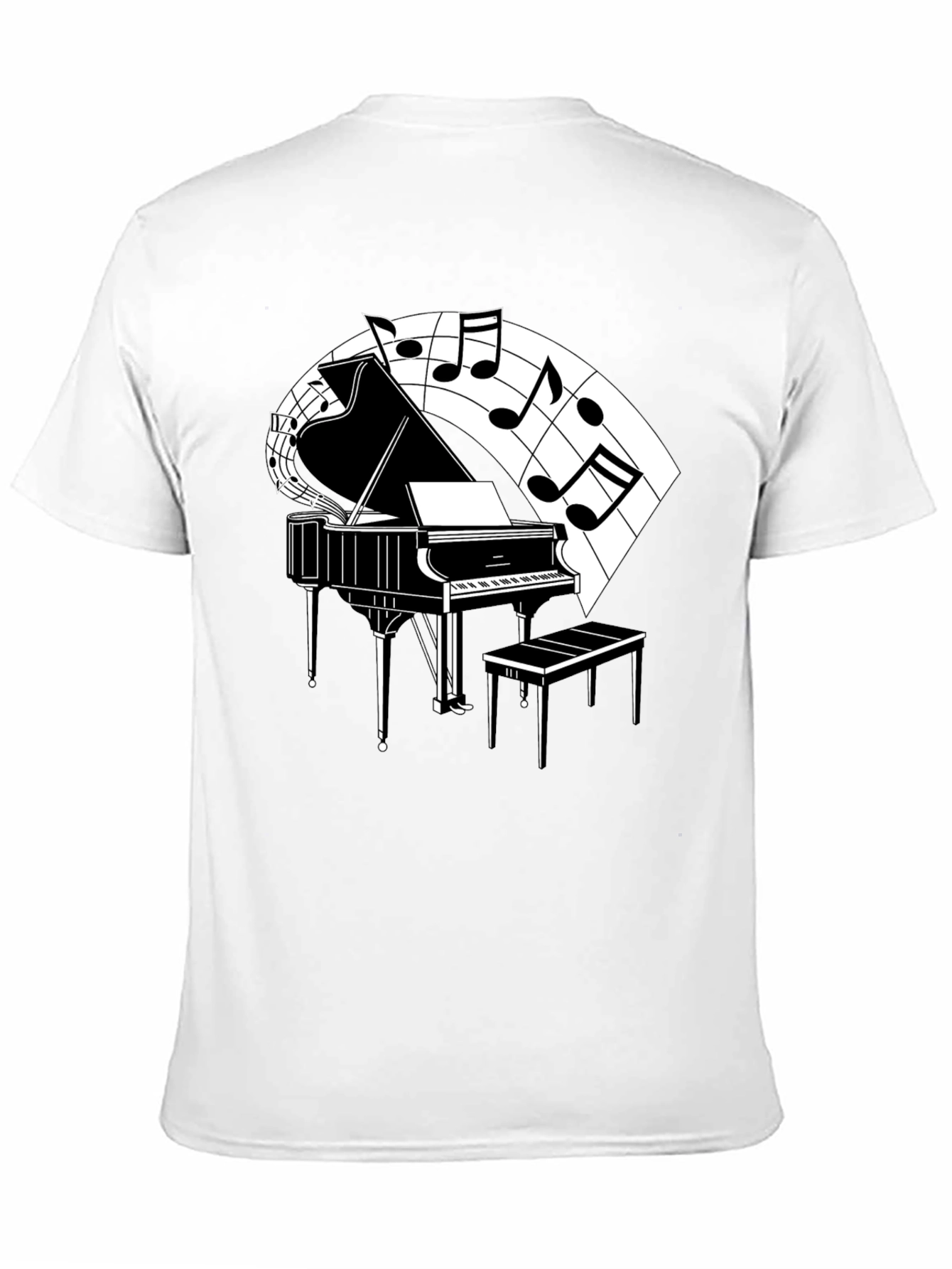 Camiseta Negra con Diseño de Piano y Notas Musicales