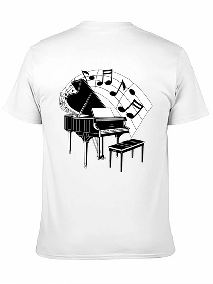 Camiseta Negra con Diseño de Piano y Notas Musicales