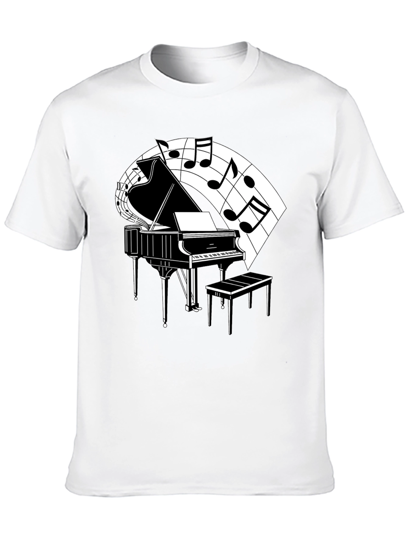 Camiseta Negra con Diseño de Piano y Notas Musicales