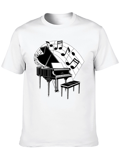 Camiseta Negra con Diseño de Piano y Notas Musicales