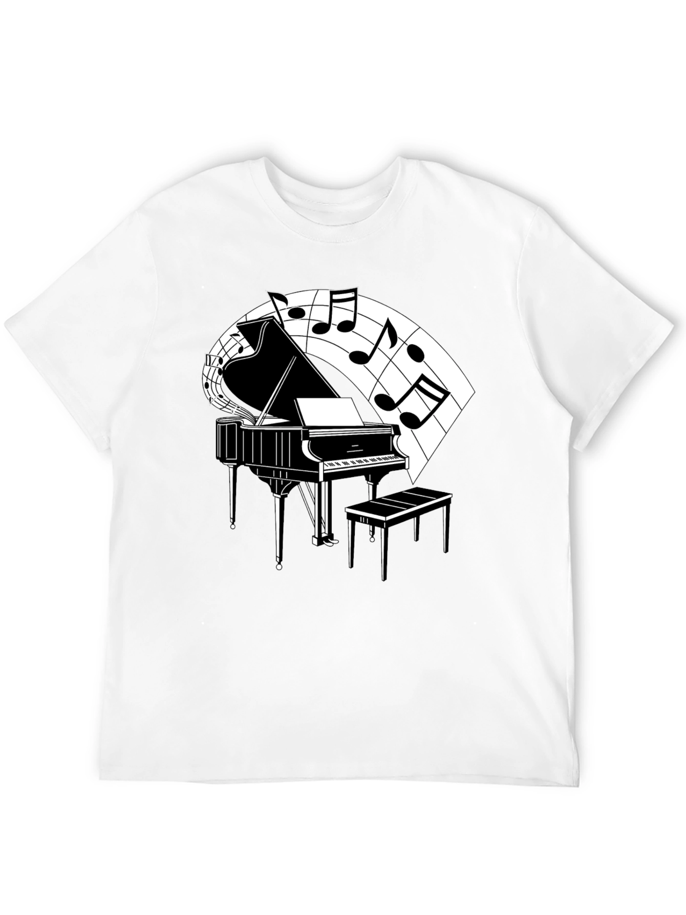Camiseta Negra con Diseño de Piano y Notas Musicales