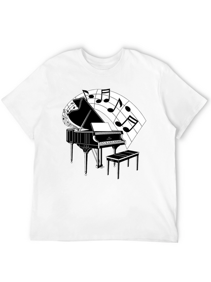 Camiseta Negra con Diseño de Piano y Notas Musicales
