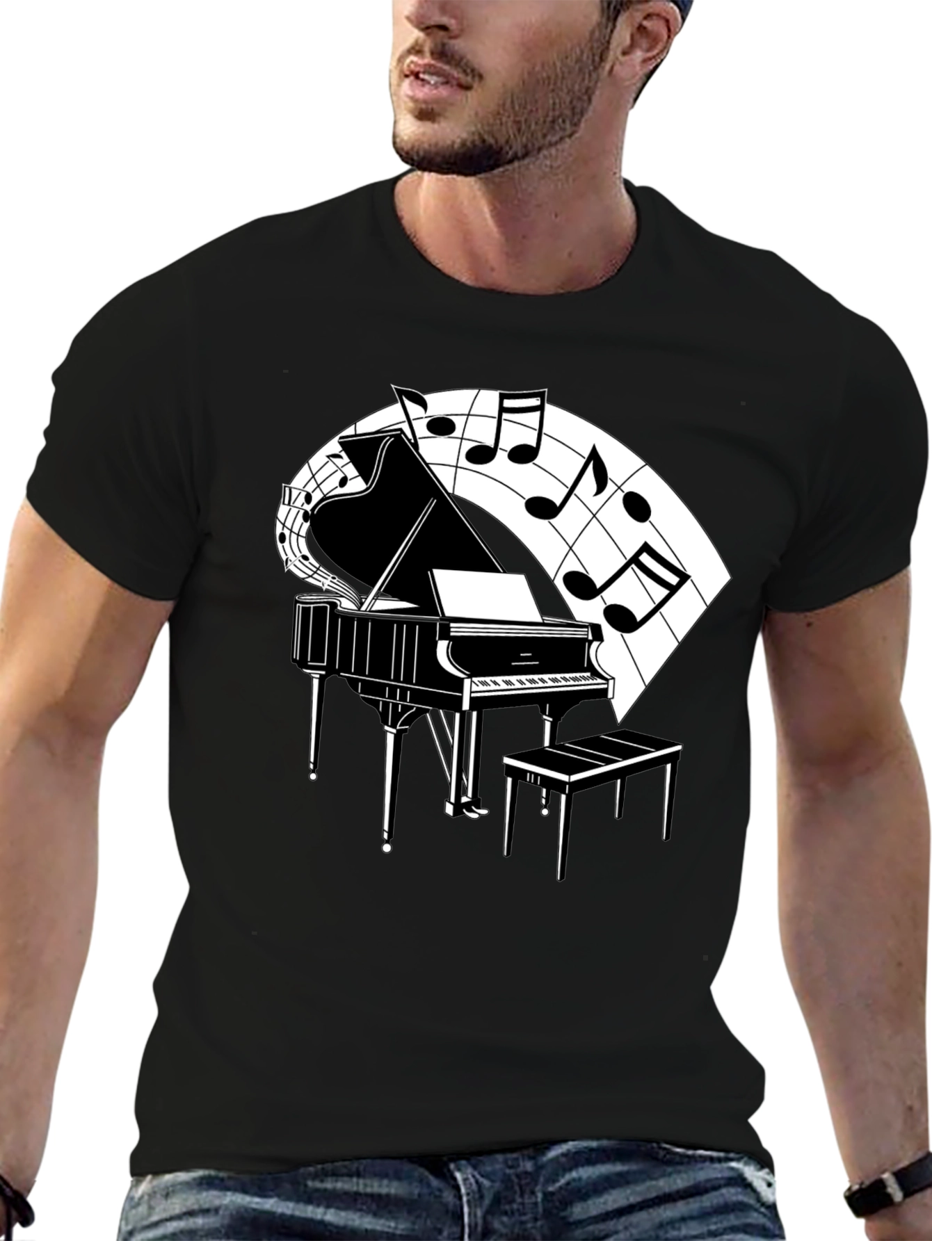 Camiseta Negra con Diseño de Piano y Notas Musicales