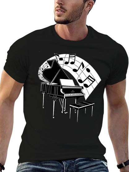 Camiseta Negra con Diseño de Piano y Notas Musicales
