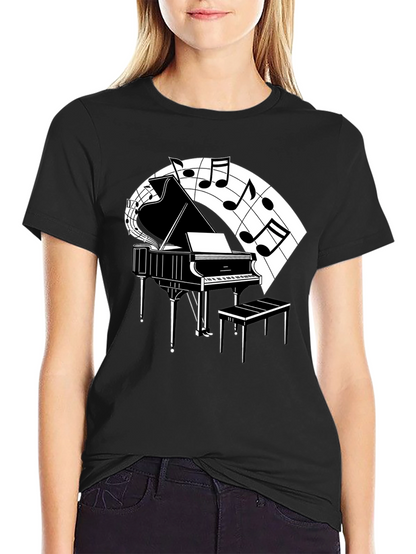 Camiseta Negra con Diseño de Piano y Notas Musicales