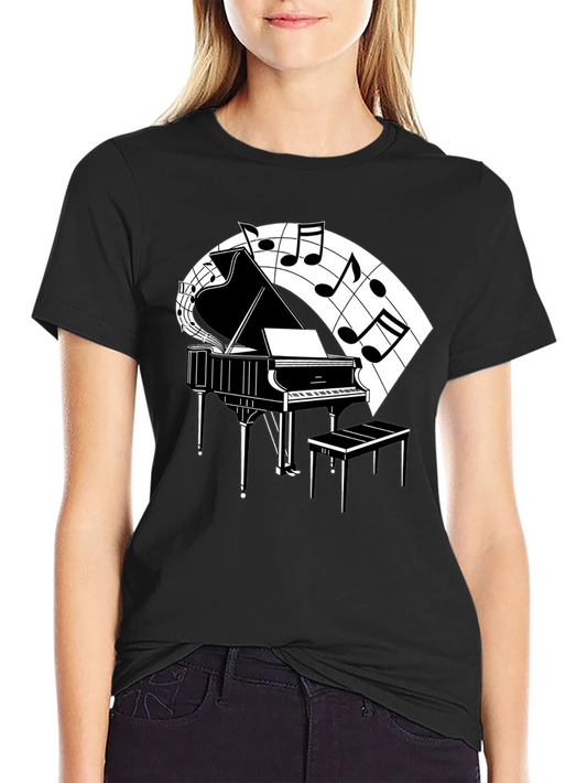 Camiseta Negra con Diseño de Piano y Notas Musicales