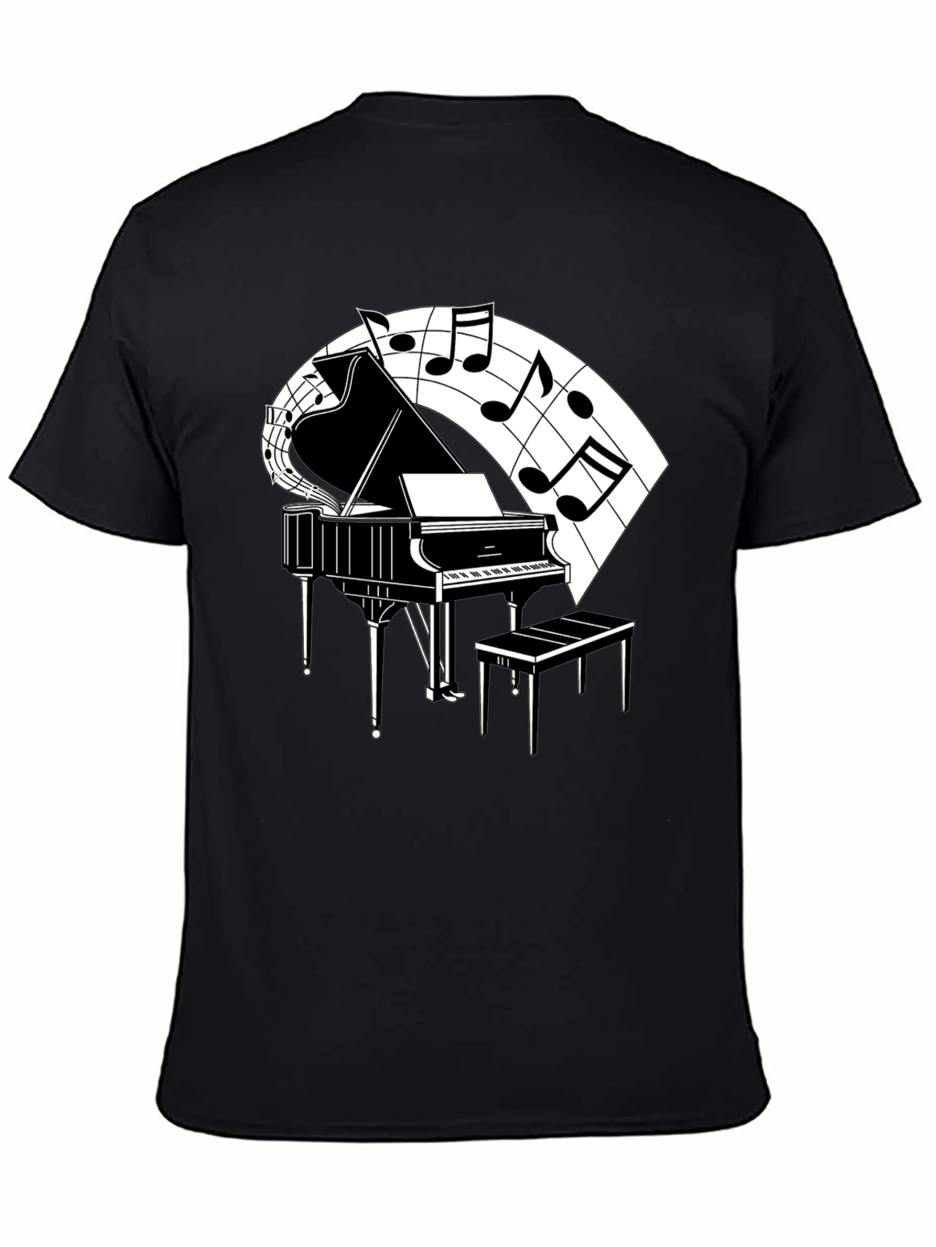 Camiseta Negra con Diseño de Piano y Notas Musicales