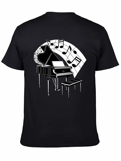 Camiseta Negra con Diseño de Piano y Notas Musicales