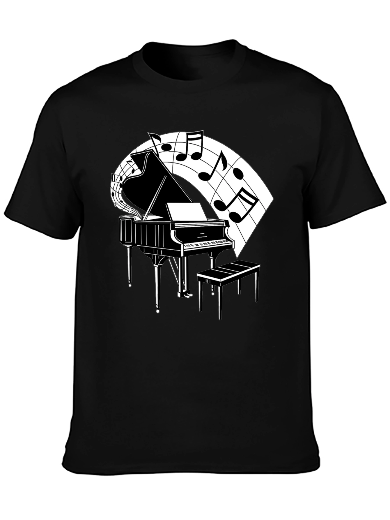 Camiseta Negra con Diseño de Piano y Notas Musicales