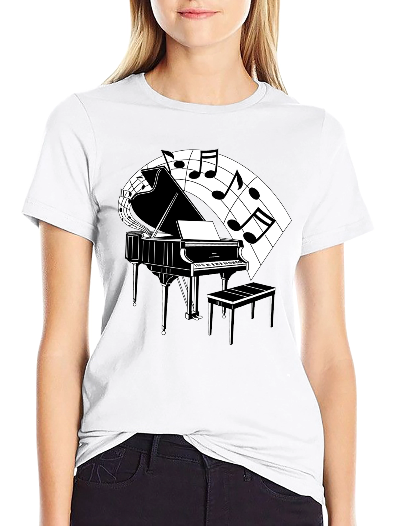 Camiseta Negra con Diseño de Piano y Notas Musicales