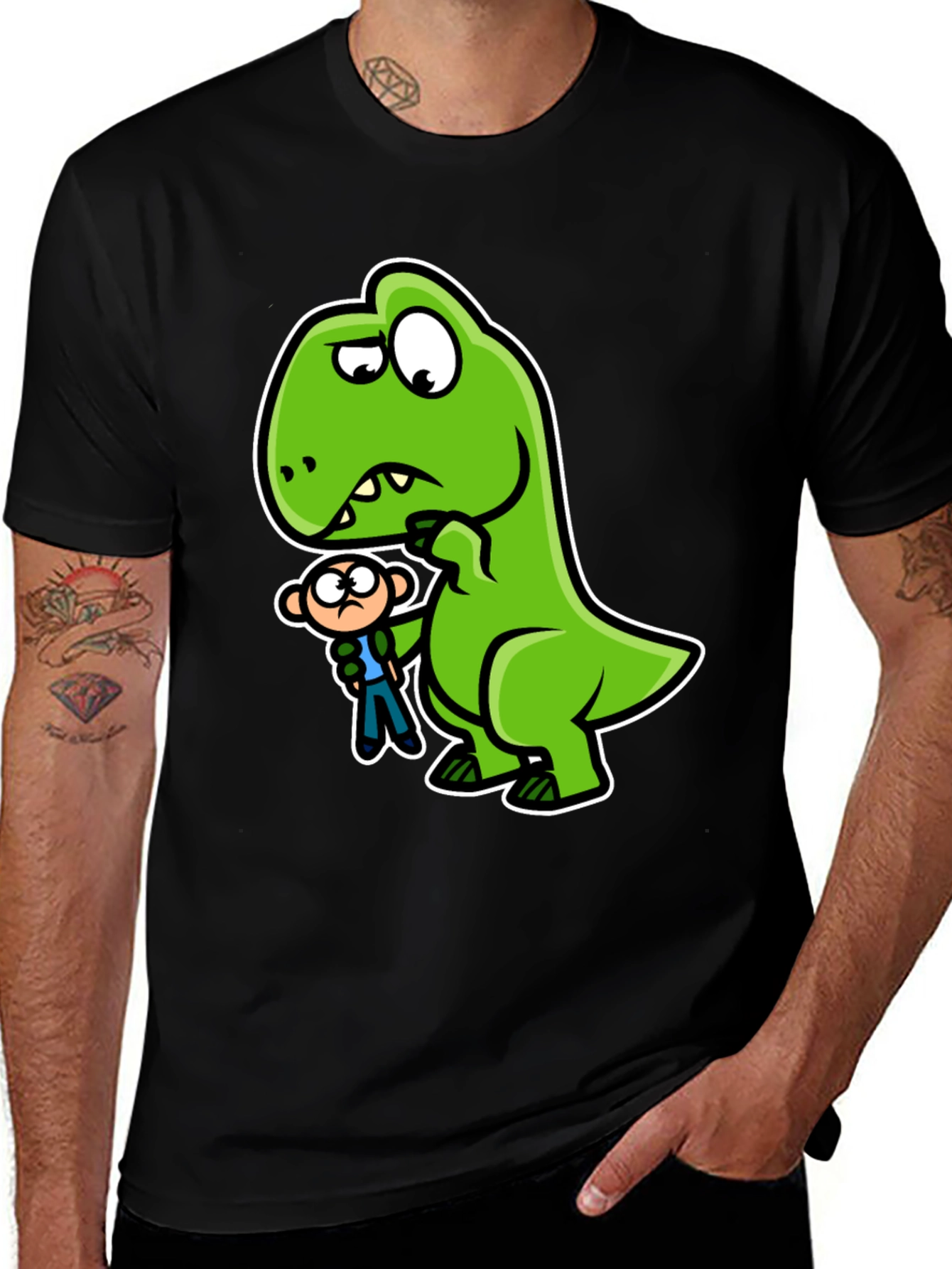 Camiseta Negra Dinosaurio y Persona Divertido