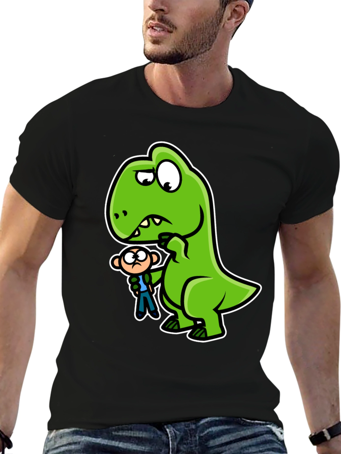 Camiseta Negra Dinosaurio y Persona Divertido