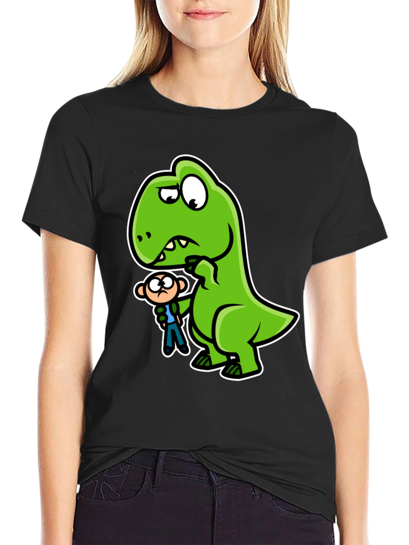 Camiseta Negra Dinosaurio y Persona Divertido