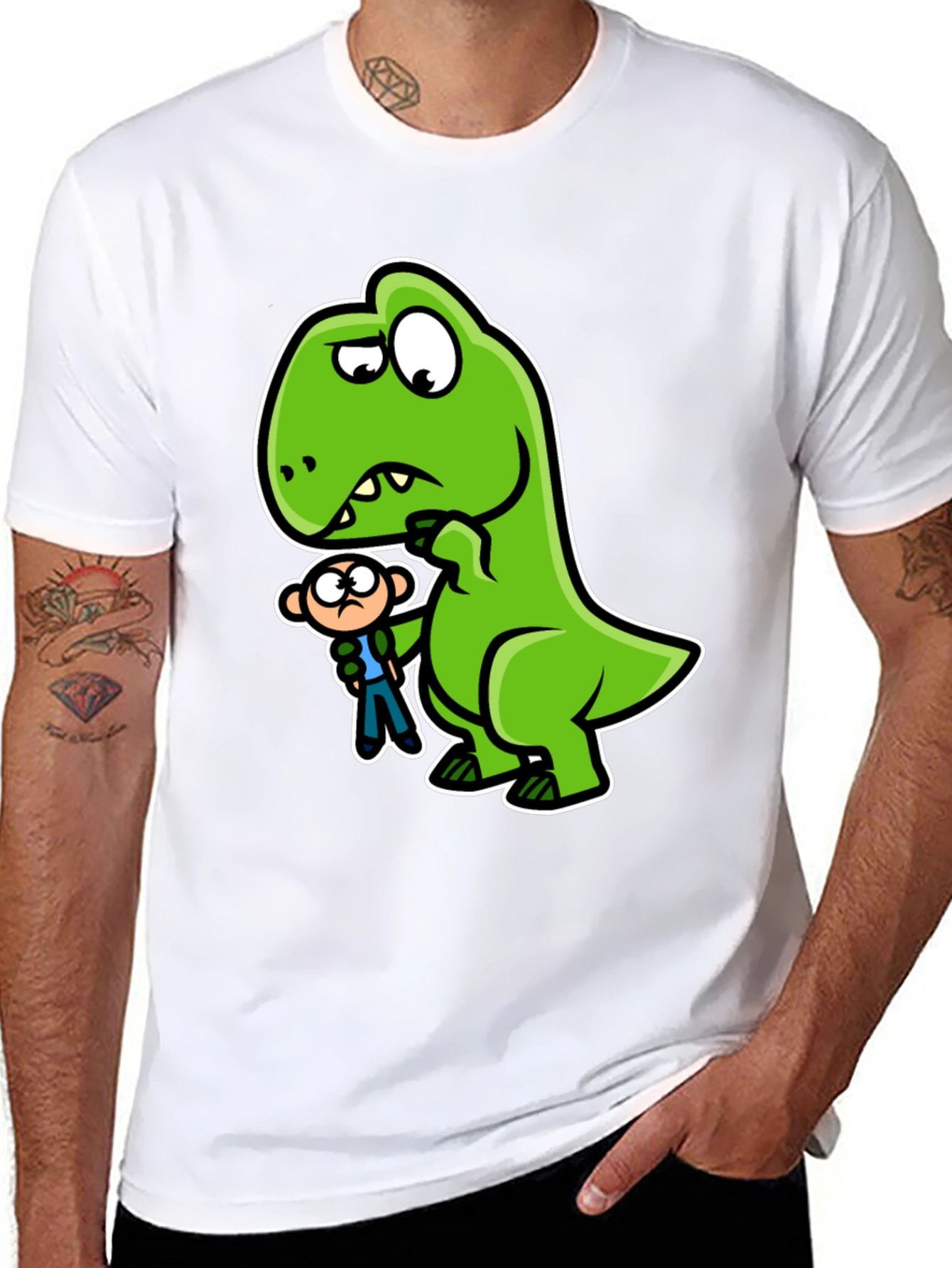 Camiseta Negra Dinosaurio y Persona Divertido