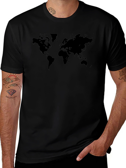 Camiseta Negra Mapa Mundial Casual Hombre