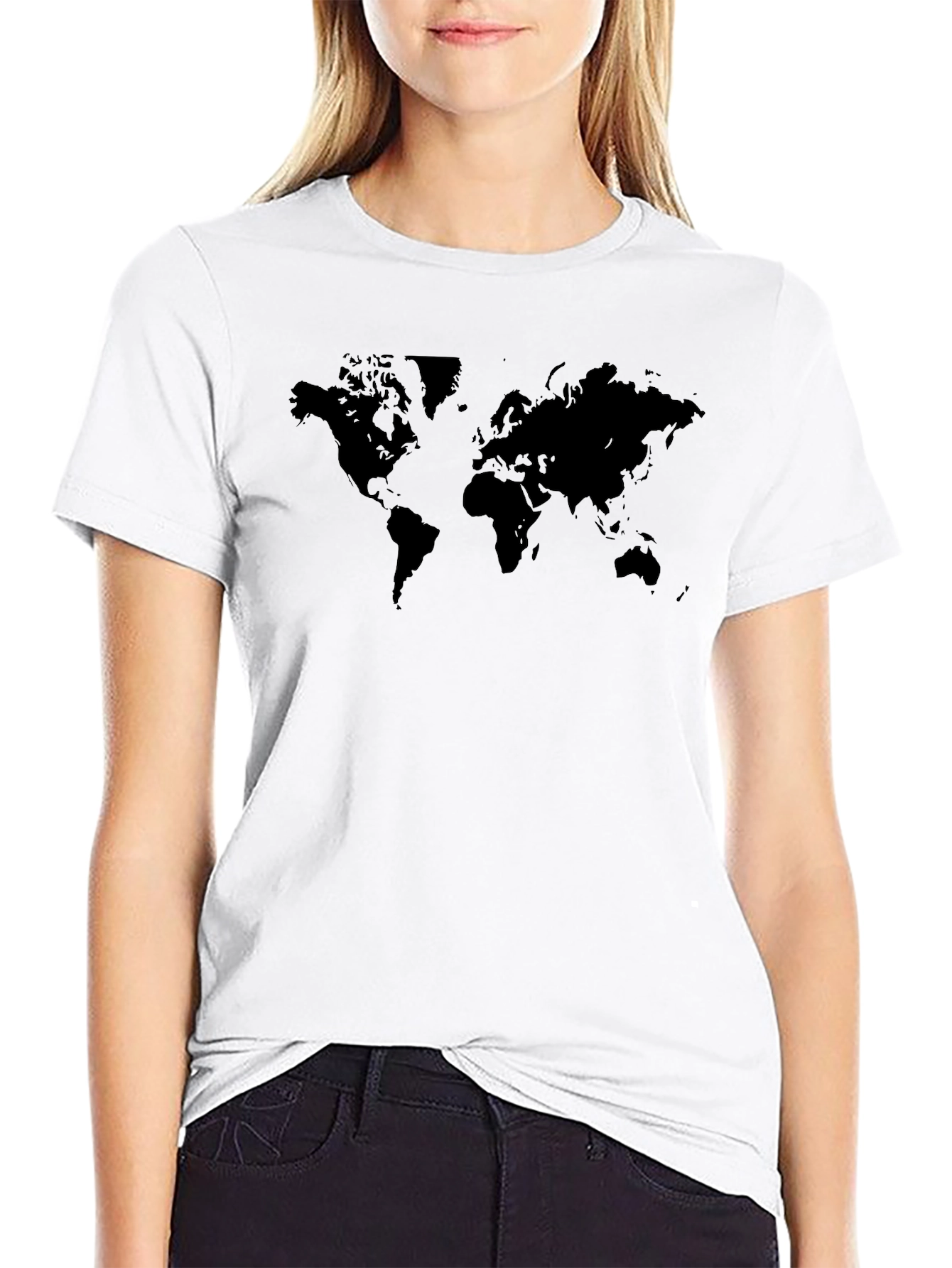 Camiseta Negra Mapa Mundial Casual Hombre