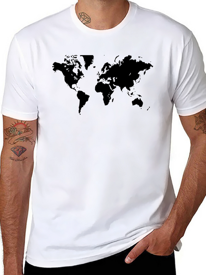 Camiseta Negra Mapa Mundial Casual Hombre