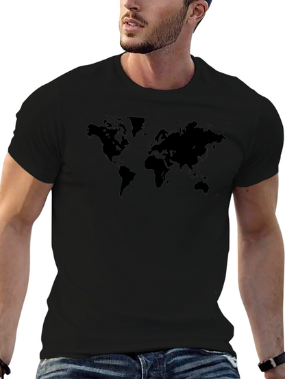 Camiseta Negra Mapa Mundial Casual Hombre