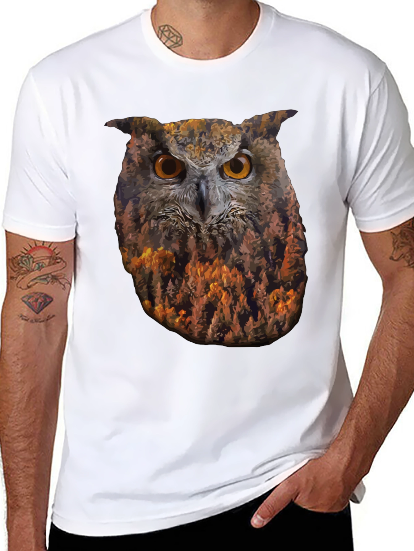 Camiseta Negra con Diseño de Búho y Bosque