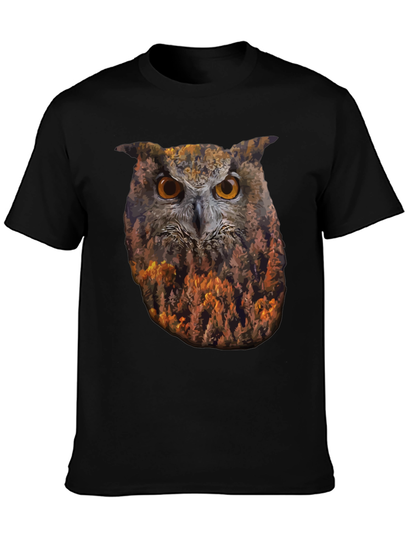 Camiseta Negra con Diseño de Búho y Bosque