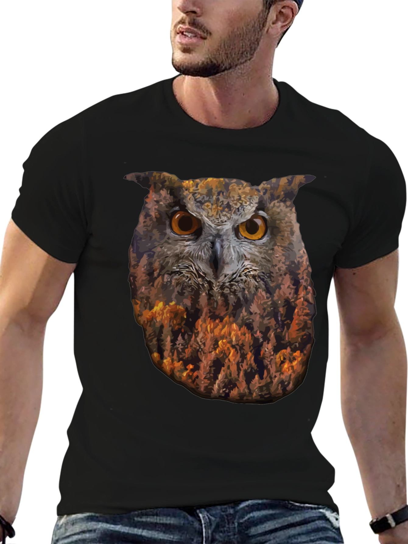 Camiseta Negra con Diseño de Búho y Bosque
