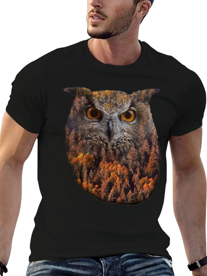 Camiseta Negra con Diseño de Búho y Bosque